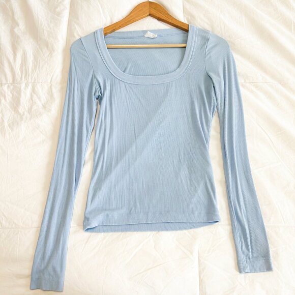 Cotton On Blue Rib Scoop Neck Long Sleeve Stretch Top Women’s Size Small EUC - Picture 5 of 7